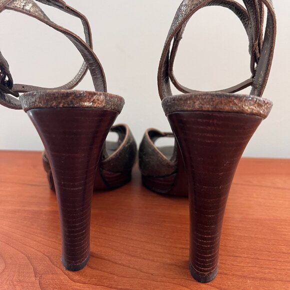 Stuart Weitzman Metallic Bronze Strappy Peep-Toe Heels Size 7 - Picture 5 of 8